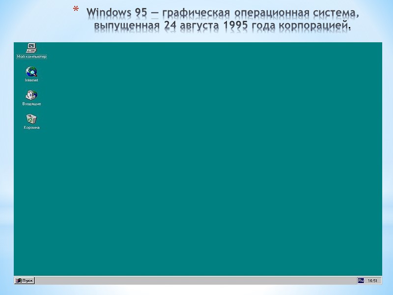 Windows 95 — графическая операционная система, выпущенная 24 августа 1995 года корпорацией.